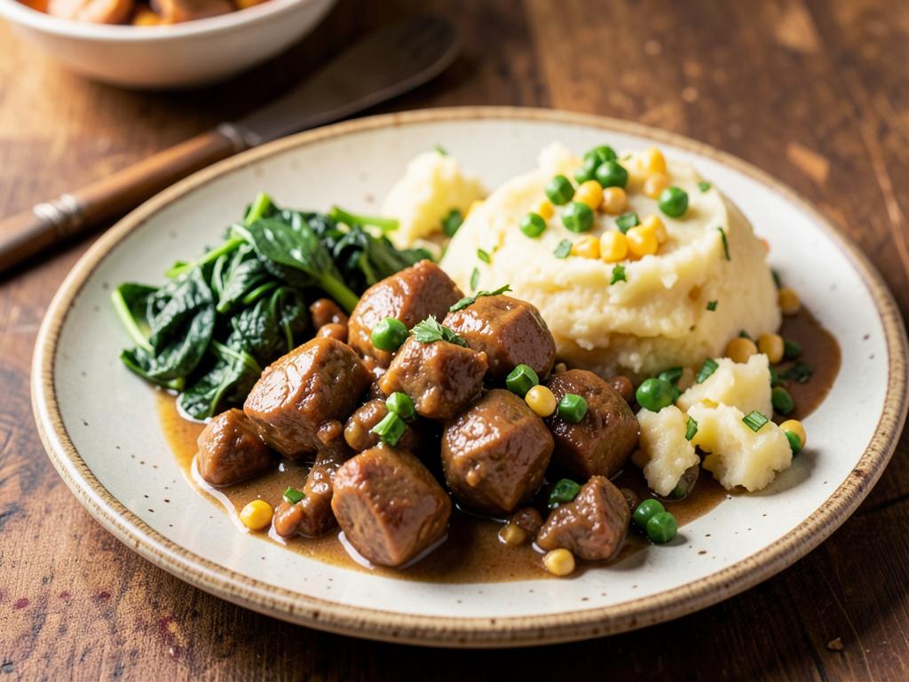 Rabbit stew served with mukimo and sautéed greens on a ceramic plate