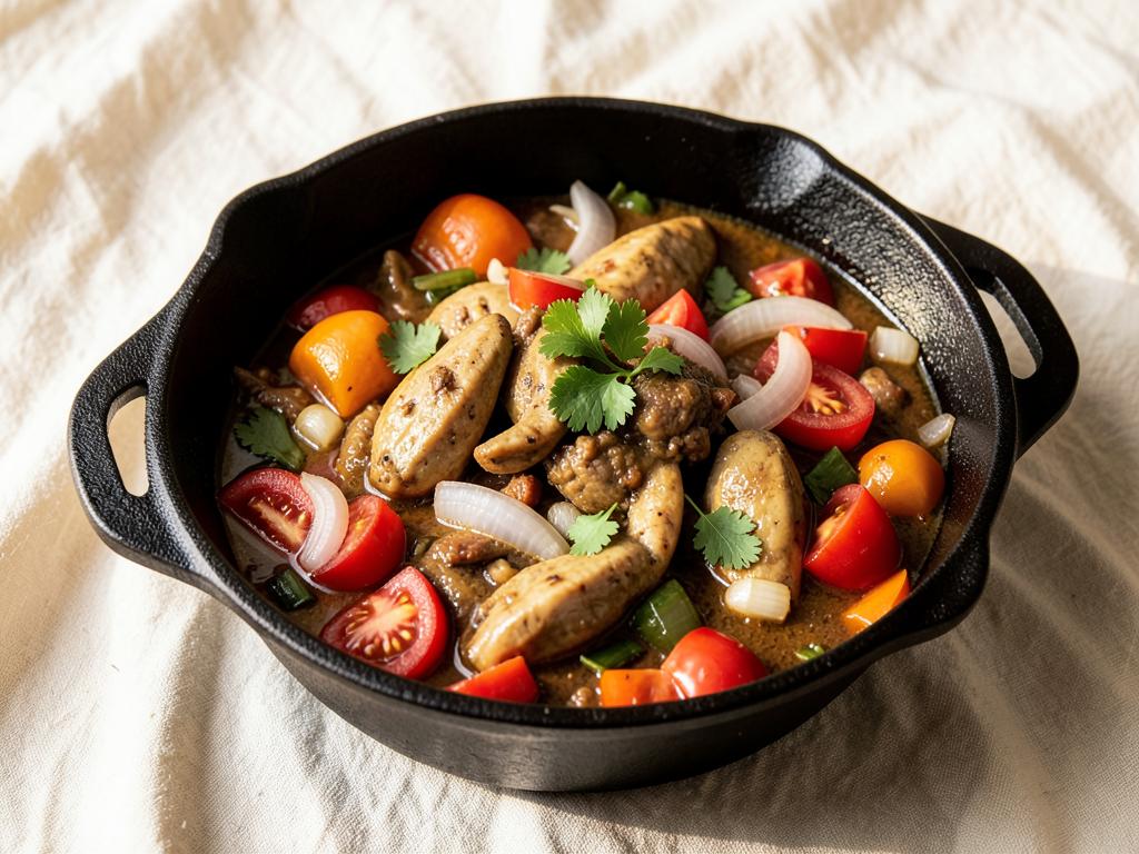 Rabbit stew simmering in a pot with tomatoes, onions, potatoes and coriander
